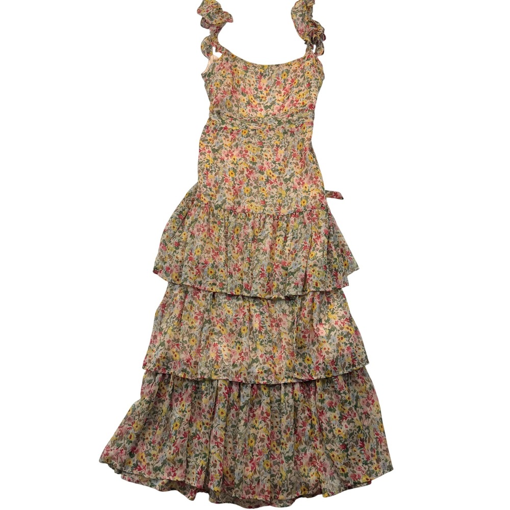 ASTR The Label Taupe Multi Floral Tiered Maxi Dress Romantic Cottagecore Small